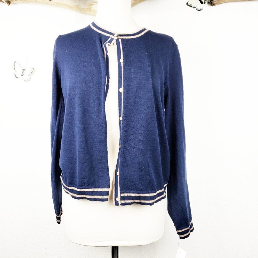 89th & Madison navy cardigan taupe trim
